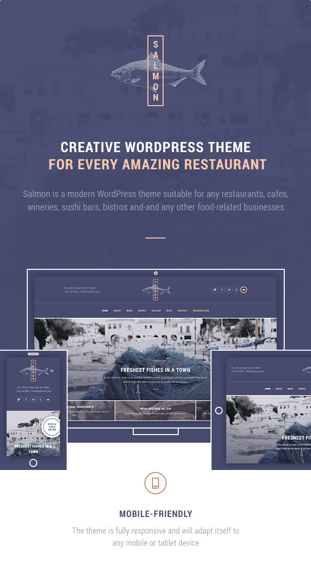 Creative WordPress theme for every amazing restaurant: Salmon is a modern WordPress theme suitable for any restaurants, cafes, wineries, sushi bars, bistros and-and any other food-related businesses